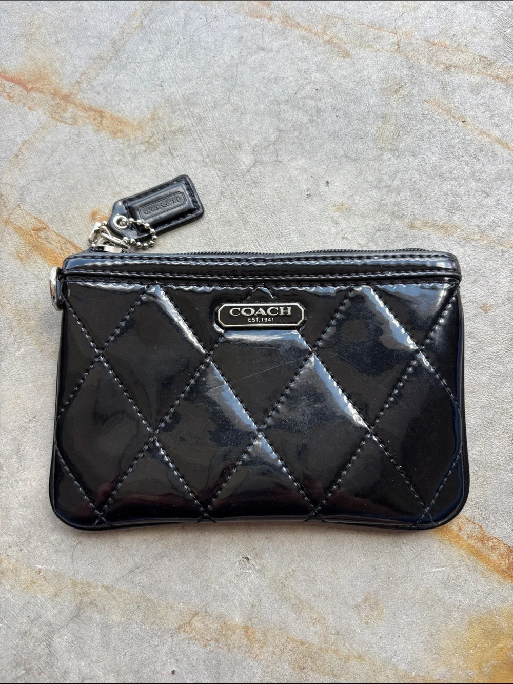 Coach Poppy Black Patent Leather Quilted Coin Card Pouch